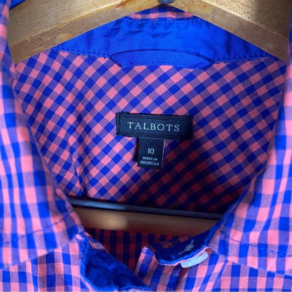 Talbots 100% Cotton Casual Button Down Shirt in Orange and Blue Checkered Style - Picture 3 of 6